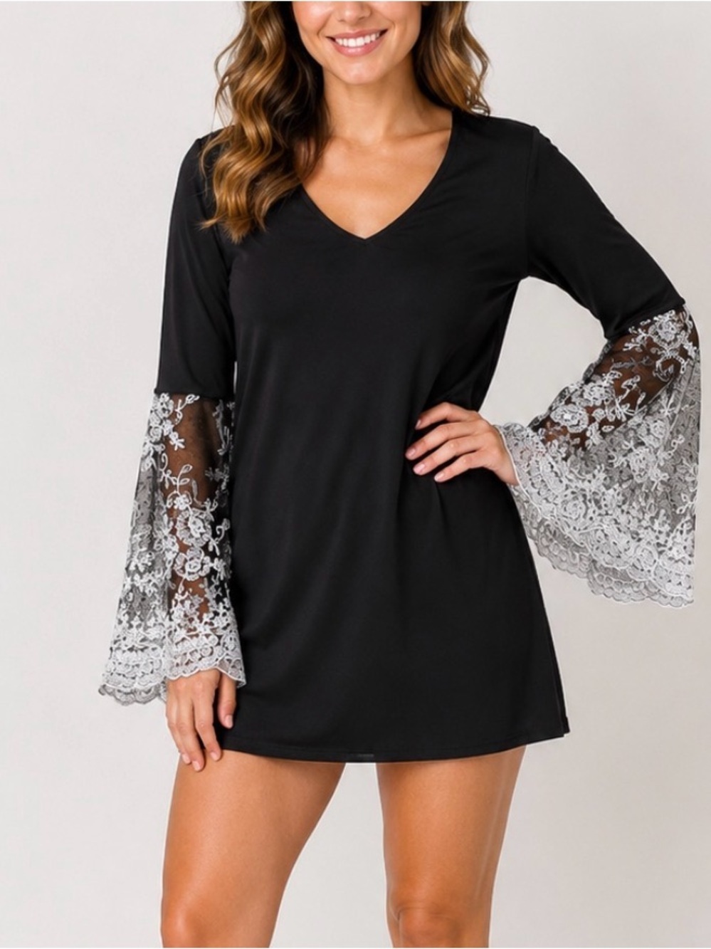 NEW Dress Barn Roz & Ali Black Shift tunic Dress with Silver Lace Bell Sleeves S